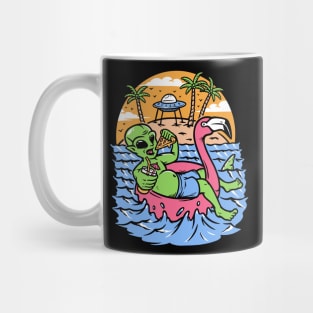 Funny Summertime Alien Eating Pizza on a Pink Flamingo Floatie Mug